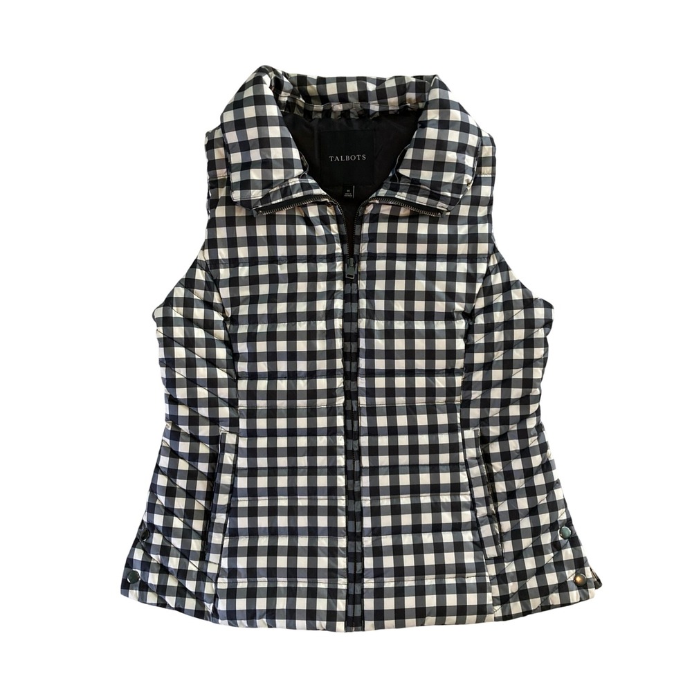 Talbots Black & White Down Puffer Vest Gingham Plaid Warm Preppy (Size M)